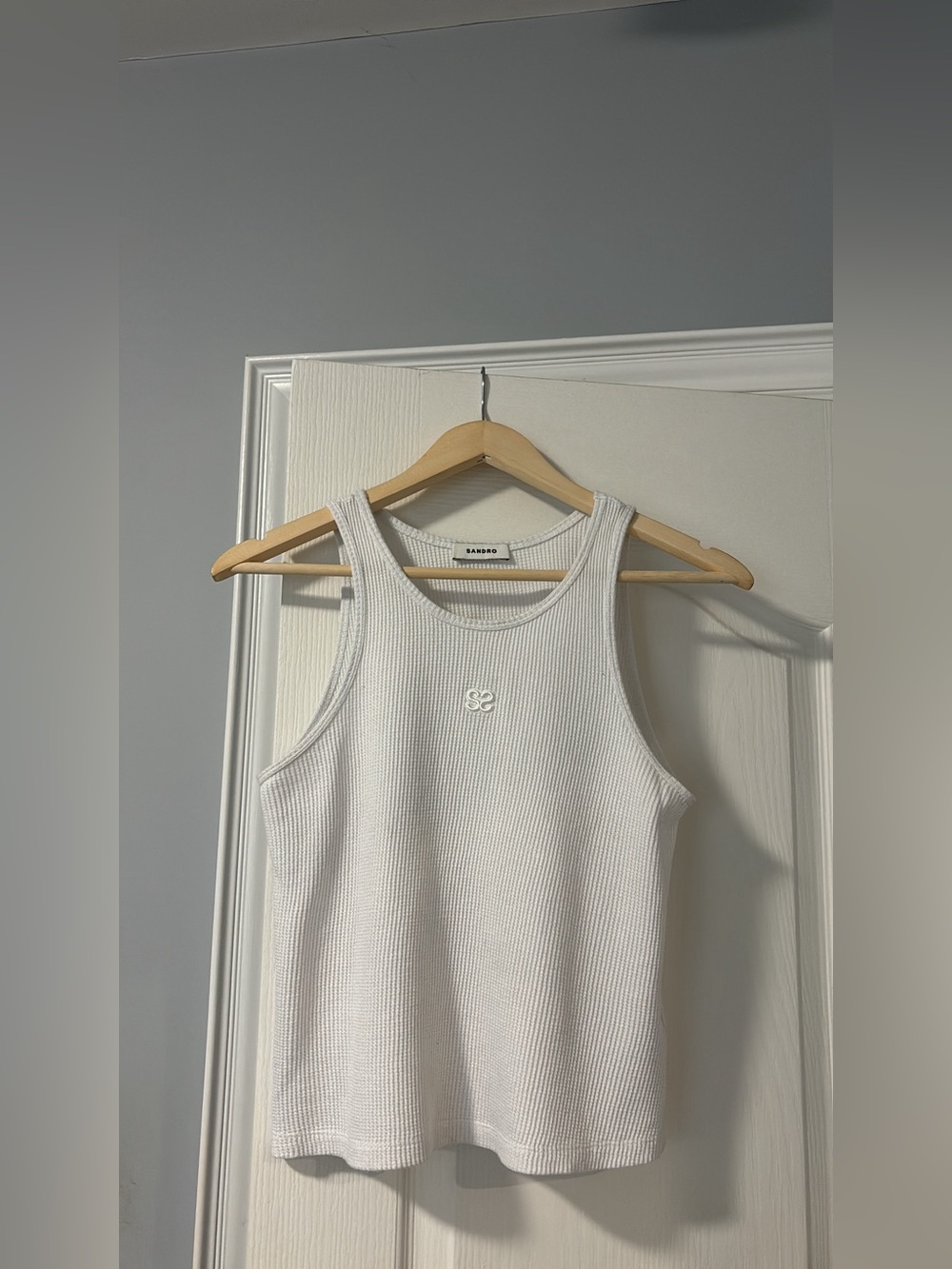 Sandro White Ribbed Tank Top with Signature Logo